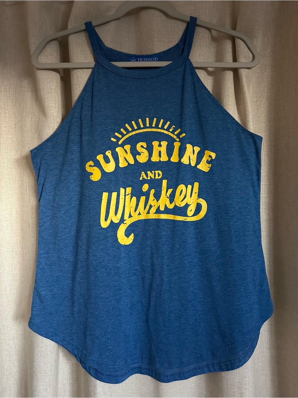 NWOT Irisgod Blue Halter Tank with Yellow 'Sunshine and Whiskey' Graphic